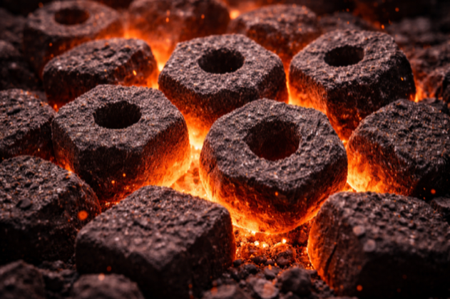 Close-up of glowing premium briquettes