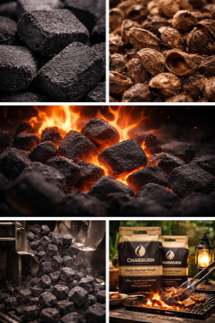 Editorial collage showing Charburn product and process details