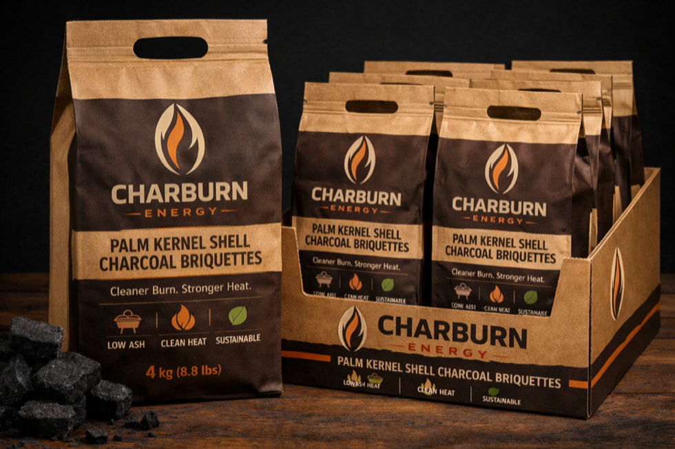 Charburn Energy premium briquette packaging and retail display