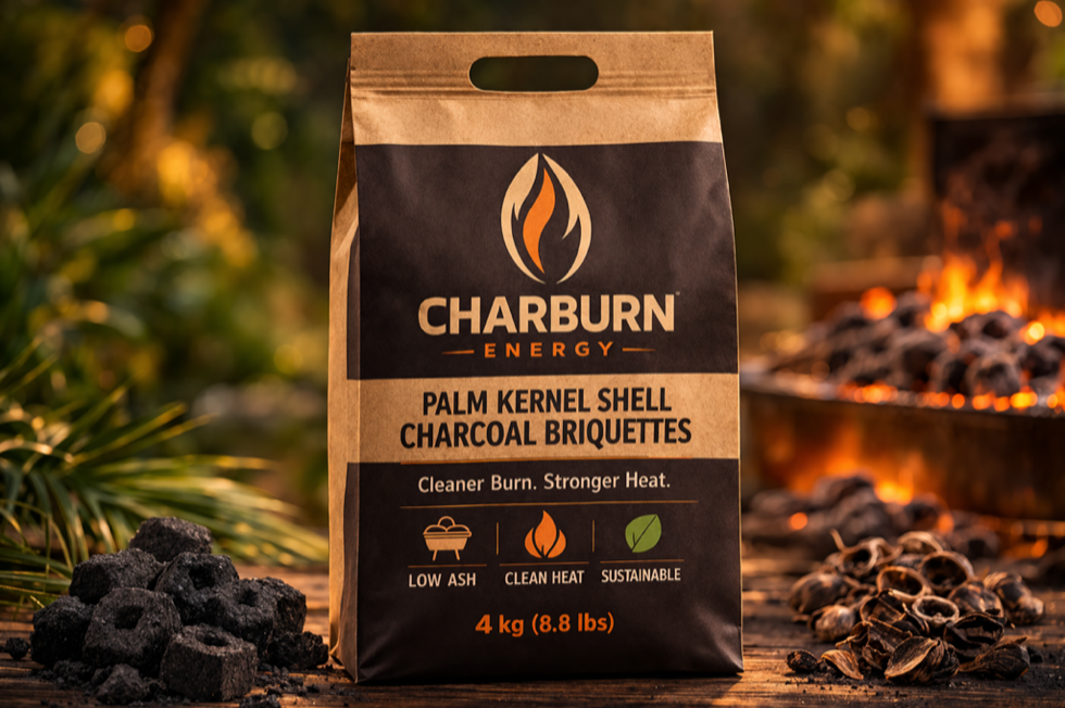 Charburn Energy briquettes in use with warm premium packaging